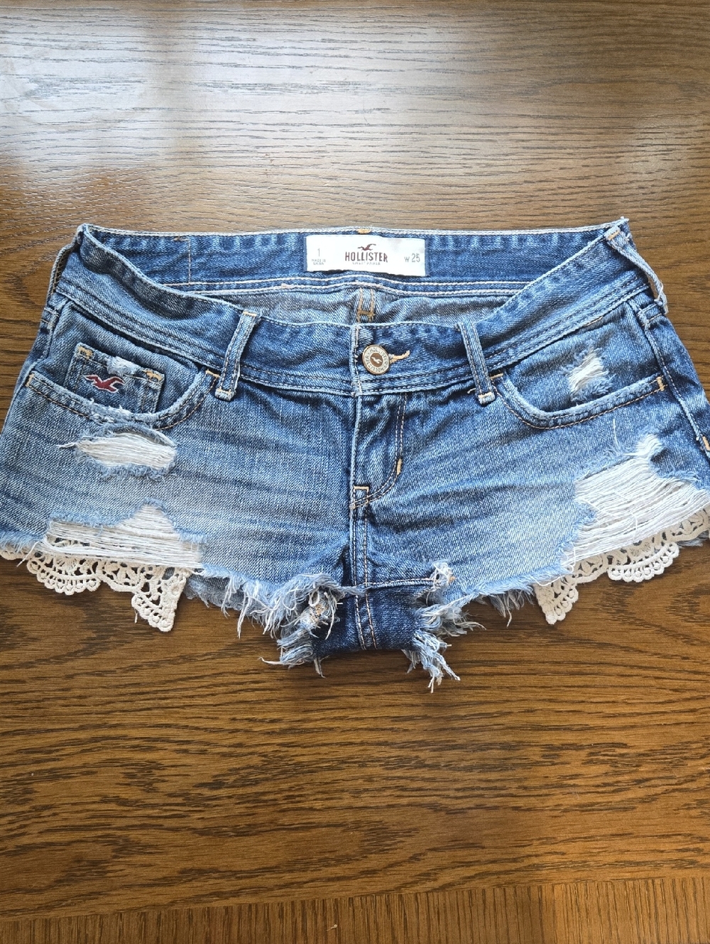 Hollister Blue Distressed Denim Shorts with White Lace Trim